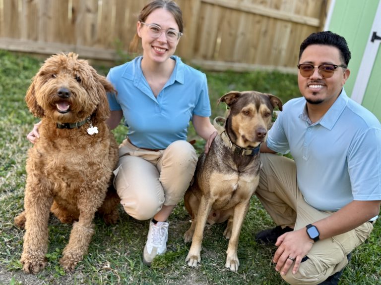 Trusty Tail Pet Waste Removal family and mascots Ave and Casper in Pearland
