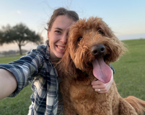 Margaret of Trusty Tail with her goldendoodle, Casper.